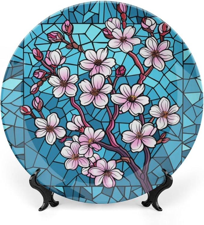 Stained Glass Theme Decorative Ceramic Plate Round Porcelain Plate,8 inch,Cherry Tree Pattern,for Decorative Ornaments Giving Plates, 1 Plate with 1 Display Stand,Blue Pink