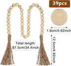 34in Farmhouse Wood Beads Garland with Tassels, Decorative Bead Home Decor Wooden Beads Garland Country Room Hanging for Wood Entryway Table, Shelf, Tray, Curtain Decor (Beige)