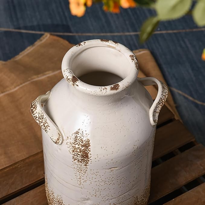 Quoowiit Ceramic Rustic Farmhouse Vase, 14 Inch Distressed Decorative Flower Vase for Home Decor, Large White Vase for Living Room Bedroom Kitchen Office Decor Centerpiece Table Decorations
