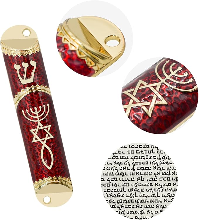 Mezuzah with Scroll for Door, Metal Mezuzah Case with Messianic Seal for Hebrew Home Blessing, Jewish Gifts, Jewish House Warming Decor, Christmas, Easter (Red)