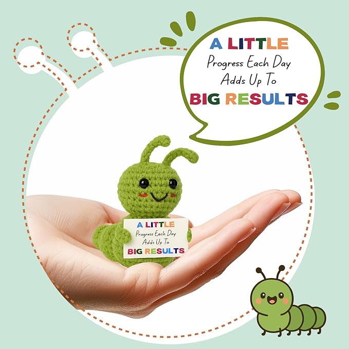 Mini Positive Progress Caterpillar – Motivational Crochet Doll for Kids Teens Adults, Small Encouragement Gifts for Students, Back to School Study Desk Decor, Uplifting Plush Reminder