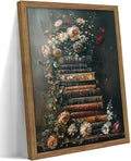Vintage Framed Wall Art Flowers Books Canvas Prints, Dark Academia Wildflowers Oil Painting, Botanical Book Pictures Artwork for Living Room Bedroom Study – Dark Wooden Frame 16x24in