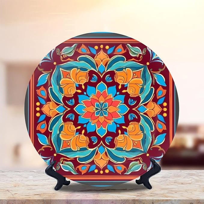 Decorative Plates for Display 10" Colorful Mediterranean Tile Floral Mandala Design Ceramic Ornament with Display Stand and Hook Up for Wall Decor Hanging Festival Wedding Gift