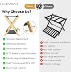 Fully Assembled Luggage Rack, 26.77" Natural Luggage Rack for Guest Room, Bamboo Folding Suitcase Stand with Fabric Storage Shelf, Heavy Duty 5 Nylon Straps Luggage Holder for Hotel, 1 Pack