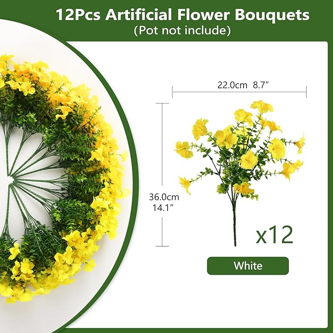INQCMY Artificial Fake Plants Flowers for Outdoor Spring Decoration,12 Bundles Faux Silk Morning Glory Flowers for Outside UV Resistant Realistic Fake Plants for Planter Porch Patio Balcony Yard Decor