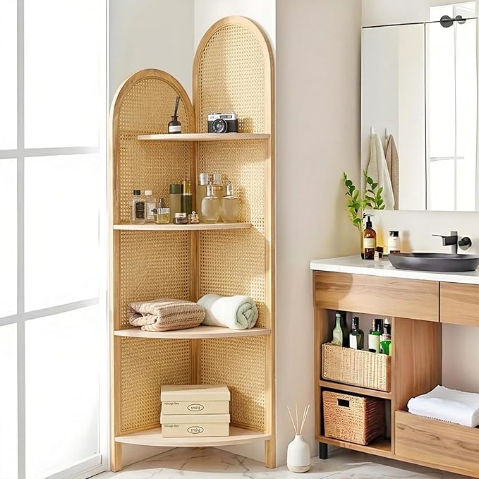 4 Tier Farmhouse Corner Shelf, 70" Tall Pine Wood and Rattan Corner Bookshelf for Small Spaces, Freestanding Display Shelf for Living Room, Bedroom, Bathroom, Kitchen, Natural