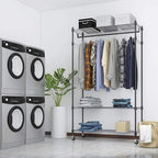 BATHWA Rolling Garment Rack with Adjustable Wire Shelf, 3 Tired Clothes Rack including 1 Clothes Hanging Bar, 1 Roating Hanger Hooks - Hold Up to 400Lbs (Black, 1Rod 1Hook)