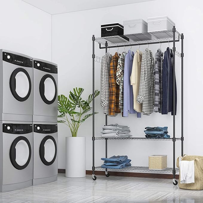 BATHWA Rolling Garment Rack with Adjustable Wire Shelf, 3 Tired Clothes Rack including 1 Clothes Hanging Bar, 1 Roating Hanger Hooks - Hold Up to 400Lbs (Black, 1Rod 1Hook)