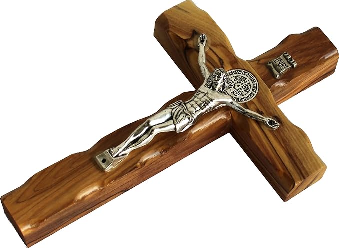 Holy Land Market Saint Benedict Wall Crucifix - Handmade Silver Tone Corpus, 6 Inch Wall Cross, St. Benedict Decor