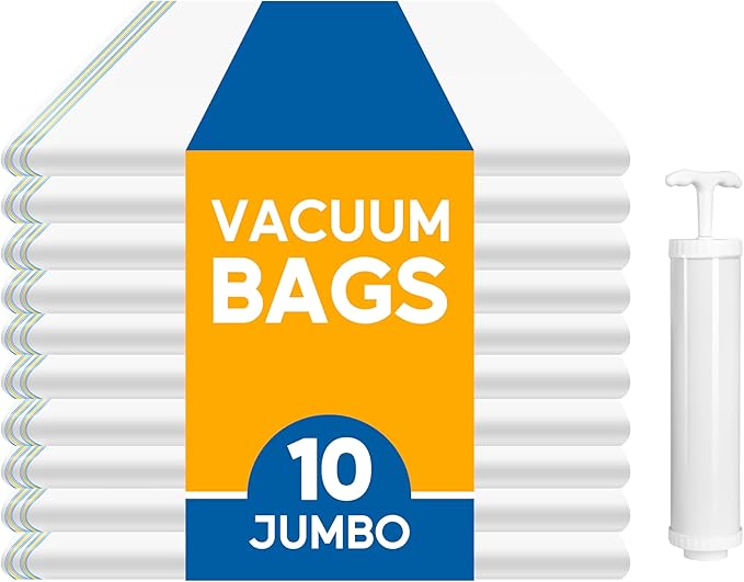 10 Jumbo Vacuum Seal Bags with Hand Pump, Vacuum Storage Bags, Space Saver Bags for Clothing, Comforters, Blankets, Bedding, Pillows
