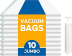 10 Jumbo Vacuum Seal Bags with Hand Pump, Vacuum Storage Bags, Space Saver Bags for Clothing, Comforters, Blankets, Bedding, Pillows