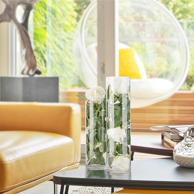 WGVI Quality Thick Weighted Clear Cylinder Glass Vases, 4" W x 12" H, Flower Arrangement Floating Candle Holders Wedding Centerpiece Terrarium Planter Floral Storage Container, Bulk Wholesale, 12 Pcs