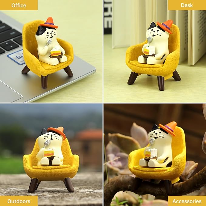 RAQWI Cute Kitten Figurine Eating Cake on Yellow Sofa, Mini Resin Cat Statue for Office Desk & Home Decoration, Adorable Easter Spring Gift for Cat Lovers, Women, Friends