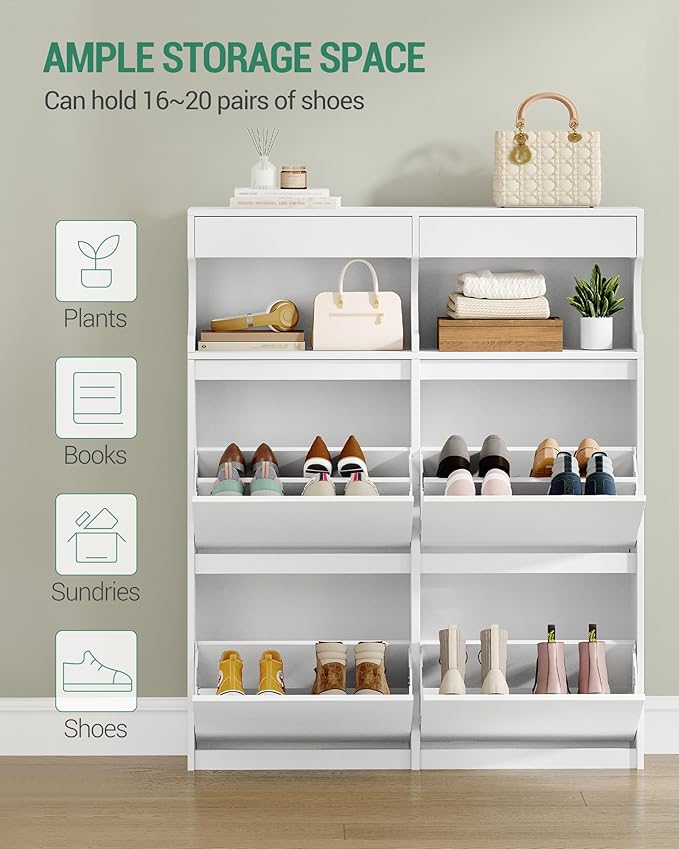 Shoe Cabinet with 4 Flip Drawers & 2 Top Drawers, Narrow Hidden Shoe Storage Cabinet for Entryway, Freestanding Shoes Organizer with Storage Space, 16-20 Pairs, for Hallway, White SR57603X