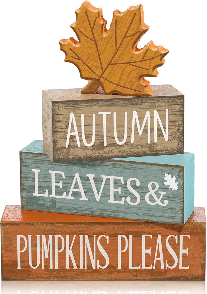 Lineshading 4 Pcs Fall Decorations for Home Thanksgiving Decor Wooden Maple Leaf Fall Table Centerpiece Autumn Tiered Tray Rustic Wood Maple Leaf Block Sign Farmhouse for Home Kitchen Shelf
