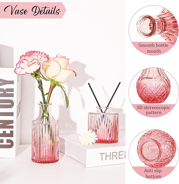36Pcs Valentine's Day Bud Vases Set Small Vintage Glass Bottles Pink Bud Vases in Bulk Multiple Shape Cute Glass Vases for Rustic Wedding Centerpieces Table Decorations and Home Decor(Pink)
