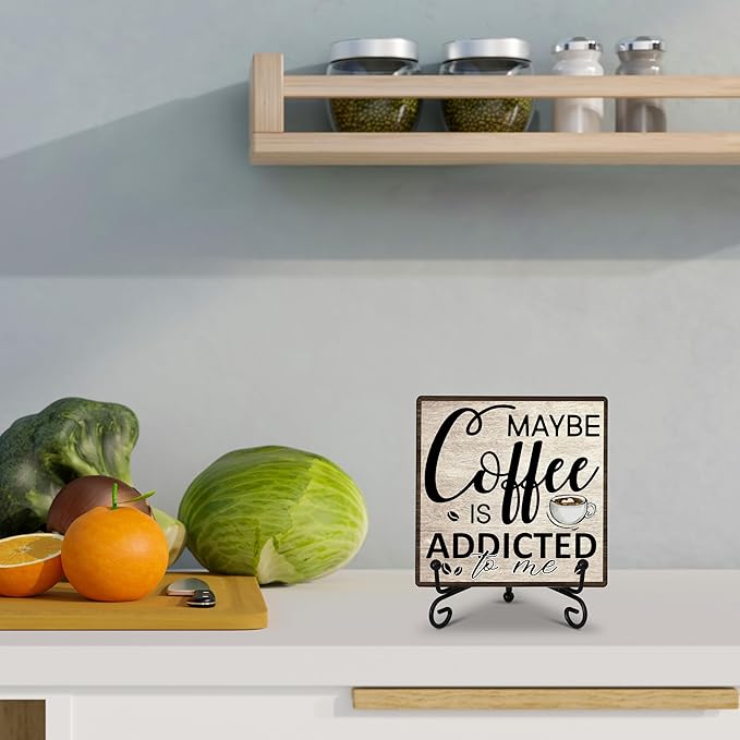 Coffee Bar Decor Sign, Coffee Is Addicted, Funny Farmhouse Home Wooden Plaque with Iron Stand, Cafe Station Decor for Coner-A14