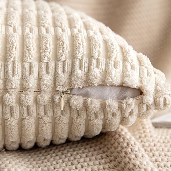 MIULEE Pack of 2 Corduroy Decorative Throw Pillow Covers 16x16 Inch Soft Boho Striped Pillow Covers Modern Farmhouse Home Decor for Sofa Living Room Couch Bed Cream White