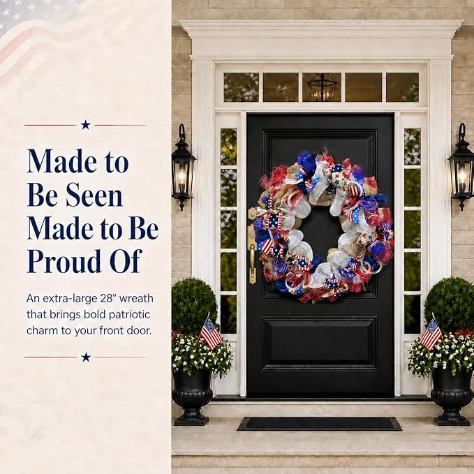 250th Anniversary Patriotic Wreaths for Front Door, 28 Inch Extra Large 4th of July Wreath, Pre-Lit Layered Ribbon Design, Red White and Blue Memorial Day Decorations with Storage Bag