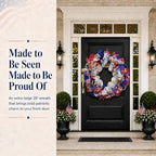 250th Anniversary Patriotic Wreaths for Front Door, 28 Inch Extra Large 4th of July Wreath, Pre-Lit Layered Ribbon Design, Red White and Blue Memorial Day Decorations with Storage Bag