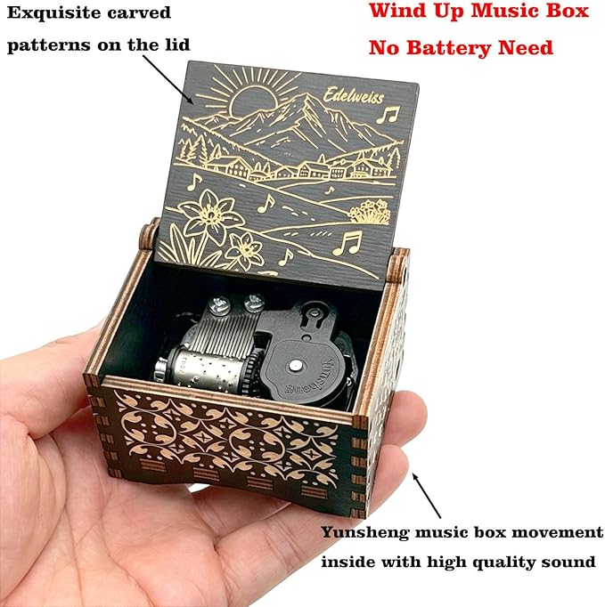 Pursuestar Edelweiss Wind Up Music Box, Vintage Engraved Wood Mechanism Musical Gifts for Birthday Mother's Day Valentine's Day Christmas Thanksgiving