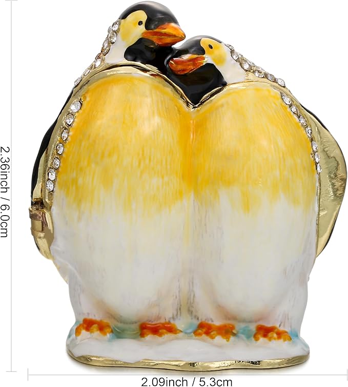 Hand Painted Trinket Box for Home Decor Accents, Enamel Hinged Jewelry Box for Bookshelf Office Table Desk Decoration, Classical Figurine Collectible Keepsake Animal Sculptures (Couple Penguin)