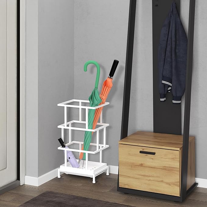 Umbrella Holder for Entryway, Metal Umbrella Stand with Water Tray and Cane Holder, Adjustable Feet, 10.4 x 8.4 x 18.7 in, Suitable for Home, Office, and Shopping Mall (White)
