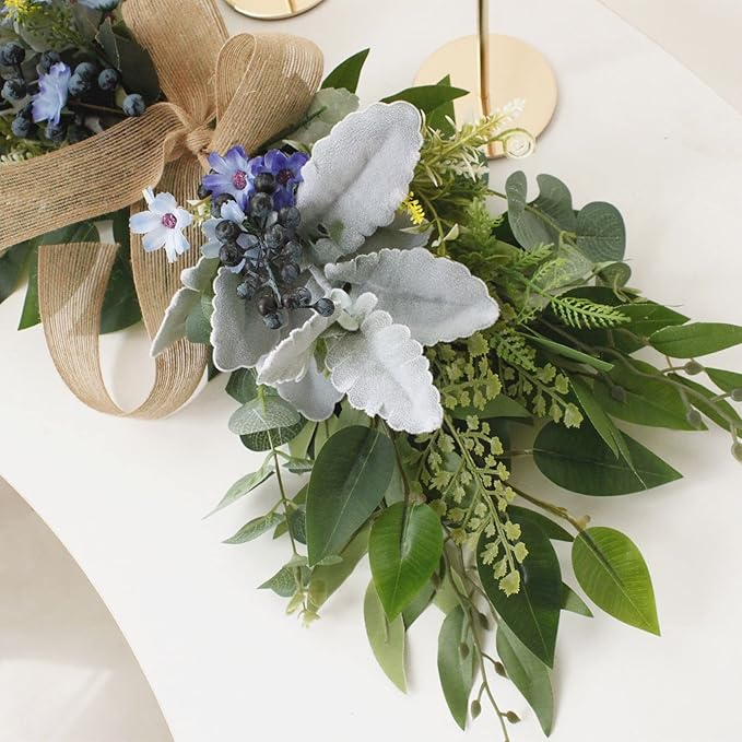 Artificial Eucalyptus Swag with Daisy Flower 25.6in Greenery Swag with Bow and Flocking Leaves Berries Farmhouse Decorative Swag for Home Wedding Wall Door Decor