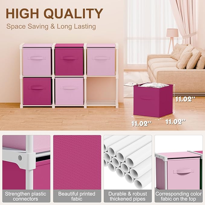 6 Cube Storage Organizer with Shelf Back to School Boxes 11 Inch Toy Storage Bins Closet Organizers Drawers Fabric Dresser for Playroom Books Bedroom Dorm Kitchen (Pink,Rose)