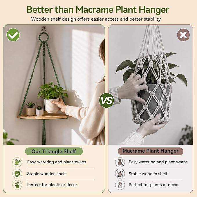 Artilady Macrame Corner Shelf Green Wall Hanging Planter Decor, Adjustable Rustic Floating Shelves Display for Indoor Plants Candle Holder, Bedroom Living Room Boho Wall Art (Sage Green)