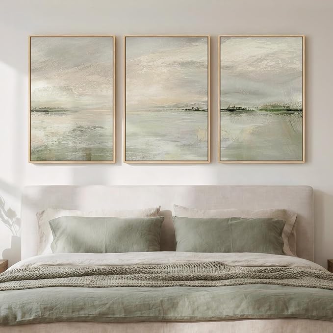 Framed Sage Green Abstract Landscape Wall Art for Bedroom, 3 Piece Modern Canvas Prints Paintings Artwork for Walls, Minimalist Nature Pictures for Living Room Dining Room Hallway Wall Decor 16x24 In