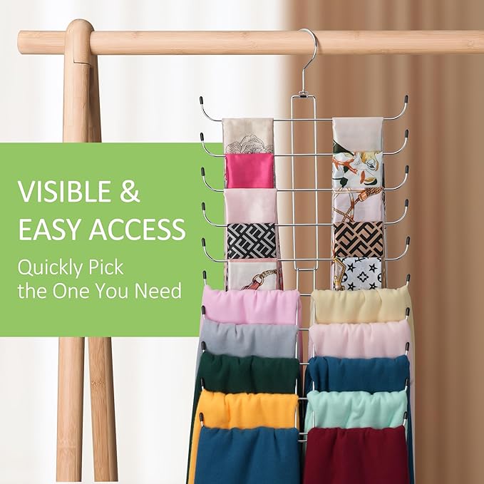 2 Pack Scarf Hanger for Closet, 40 Large Capacity Scarf Organizer, Space Saving Scarf Holder Hijab Rack Closet Organizers and Storage, Silver