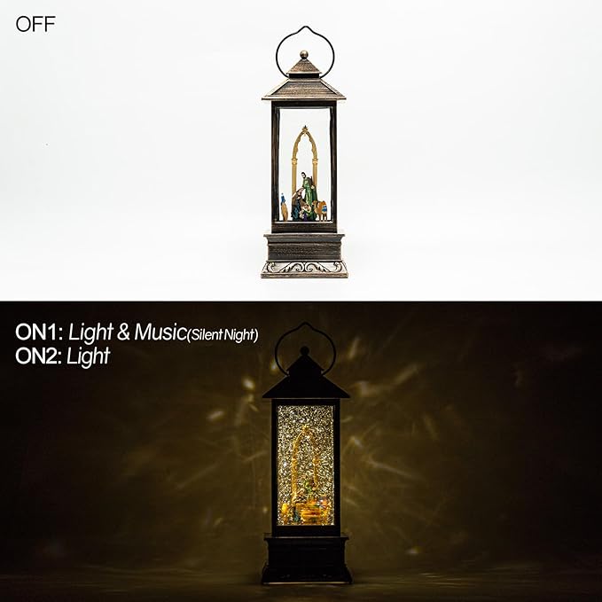 12" Christmas Snow Globe Lantern with Nativity - Water Swirling Glitter LED Light Lantern with Music - Vintage Xmas Gifts - USB Plug or Battery Operated Home Decor (Nativity)