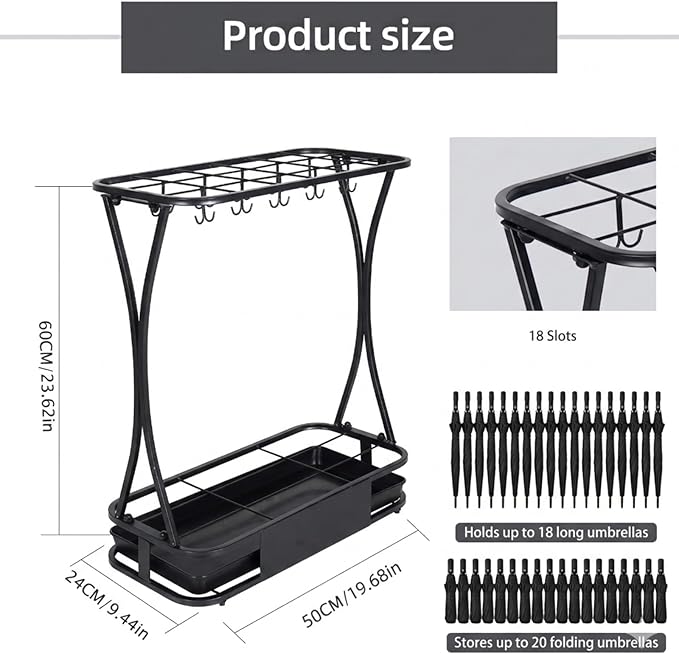 18 Slot Umbrella Stand with 10 Hooks – Heavy Duty Metal Indoor Umbrella Rack Holder with Removable Drip Tray – Large Commercial Entryway Organizer for Office, Lobby or Home