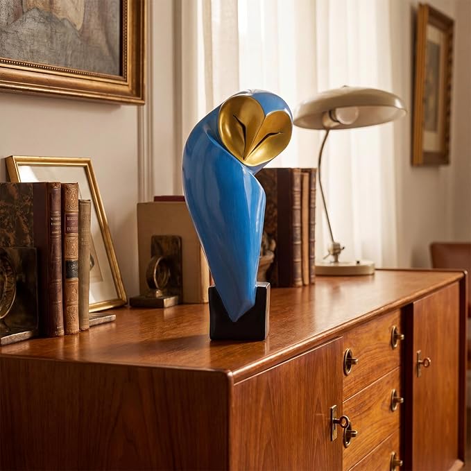 Thyle 1 Pcs Mid Century Modern Owl Statue for Home Decor Accents Resin Owl Sculpture Handmade Vintage Modern Birds Statue for Bookshelves Desk Living Room Display Collectible Gift (Blue,15.8 Inch)