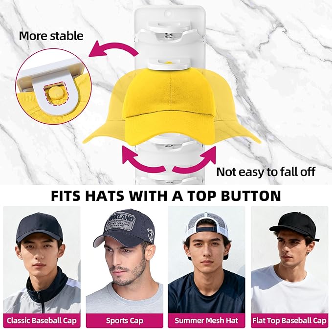 Spring Clip Hat Organizer for Baseball Caps – 2 Pack, Wall Hat Rack for Door & Closet – Keeps 20 Hats Tidy in Garage, Dorm, Man Cave – Multi-Layer Cap Storage (White)