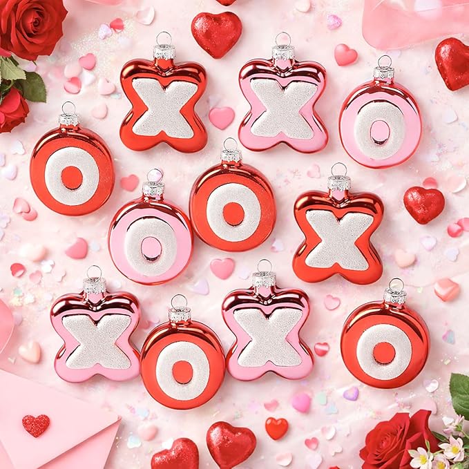 Lillian Vernon XOXO Valentines Ornaments -, 12-Piece Set, Blown Glass, Handcrafted Hanging Tree Decorations, Valentine's Day Holiday & Party Decor, Red & Pink Design