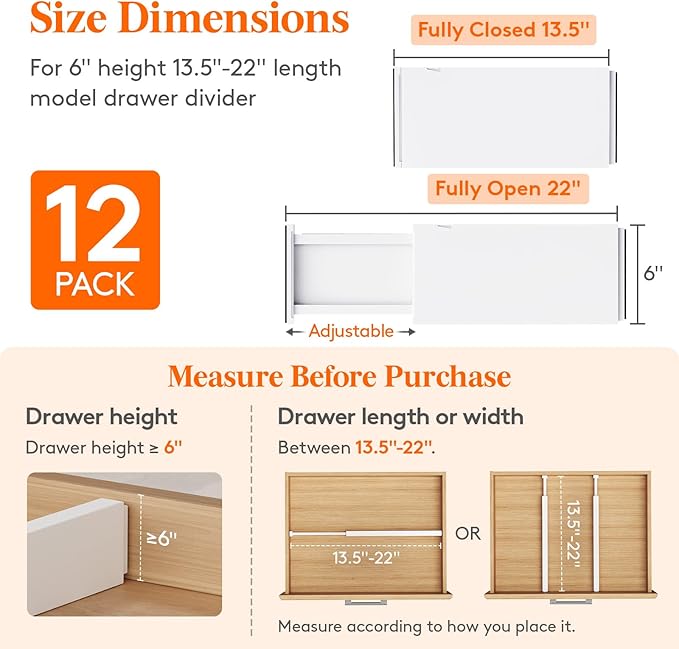 Lifewit 12 Pack 6" High Drawer Dividers 34-56cm/13.5-22" Adjustable Drawer Organizer for Clothes/Utensils, Expandable Drawer Separator in Dresser/Kitchen/Bedroom/Office Organization & Storage White