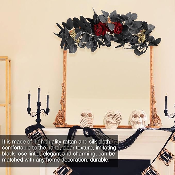 Artificial Flower Swag, Rose Eucalyptus Floral Swag Black Decorative Swag, Decorative Swag with Black Eucalyptus Leaves for Halloween Home Front Door Lintel Wedding Arch Party Tabletop Wall Decor(A3)