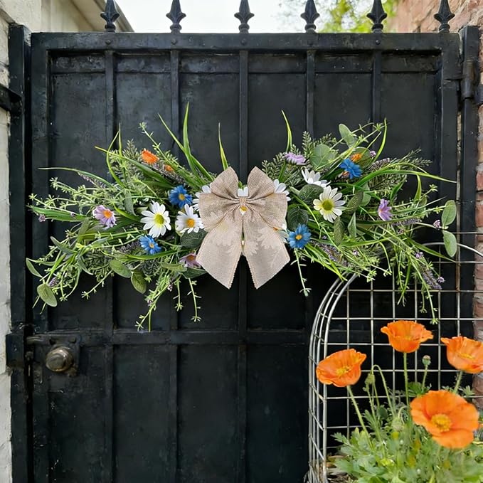 2 Pcs Spring Floral Teardrop Swags 24" Wildflower & Daisy Swag Decor with Linen Bows, Artificial Summer Greenery Swags for Door, Wall, Mantel, and Wedding Decor