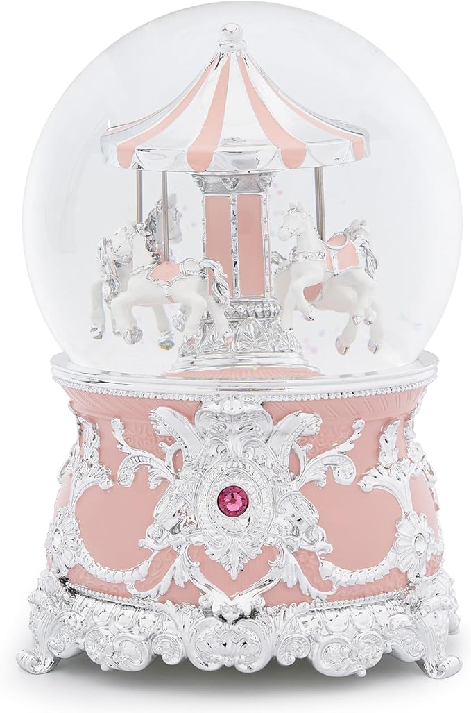 Carousel Music Box Silver Pink Christmas Snow Globes, 7.1" Glass Rotate Carousel Snow Globe for Kids & Adults, Classic Wind up Musical Snow Globe Valentines Day Gifts, Carousel Horse Home Decor