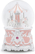 Carousel Music Box Silver Pink Christmas Snow Globes, 7.1" Glass Rotate Carousel Snow Globe for Kids & Adults, Classic Wind up Musical Snow Globe Valentines Day Gifts, Carousel Horse Home Decor