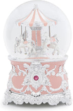 Carousel Music Box Silver Pink Christmas Snow Globes, 7.1" Glass Rotate Carousel Snow Globe for Kids & Adults, Classic Wind up Musical Snow Globe Valentines Day Gifts, Carousel Horse Home Decor