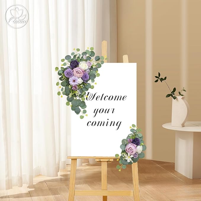 Odouzy Artificial Wedding Arch Flowers for Wedding Sign,Set of 2 for Wedding Welcome Ceremony Sign,Faux Floral Swags,Wedding, Banquet and Reception Backdrop Floral Decoration (Purple)