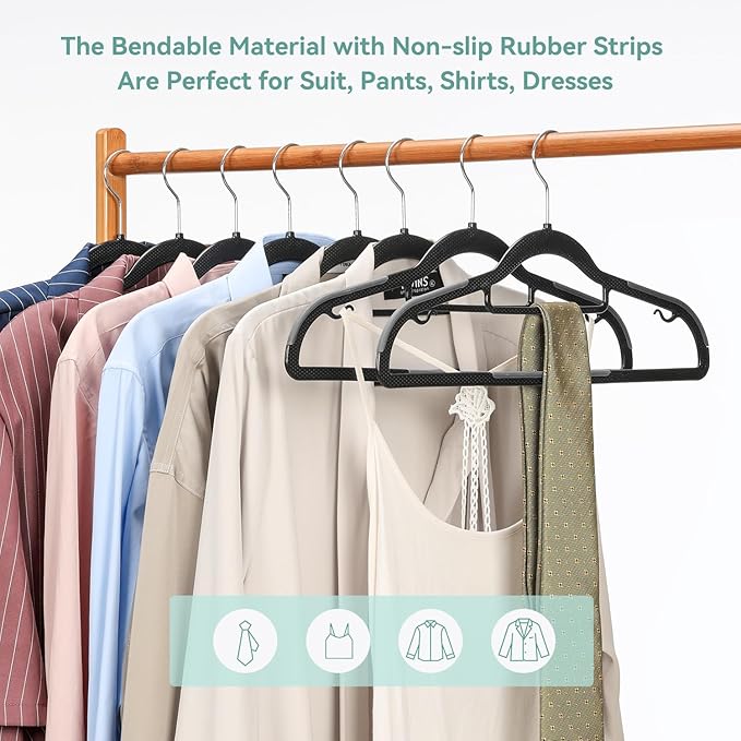30 Pack Non-Slip Clothes Hangers with Tie Rack, Thin Space-Saving Coat Hangers – Heavy Duty Plastic Clothes Hangers for Suit, Shirts, Pants, Dorms & Home Organization, Black and Dark Gray