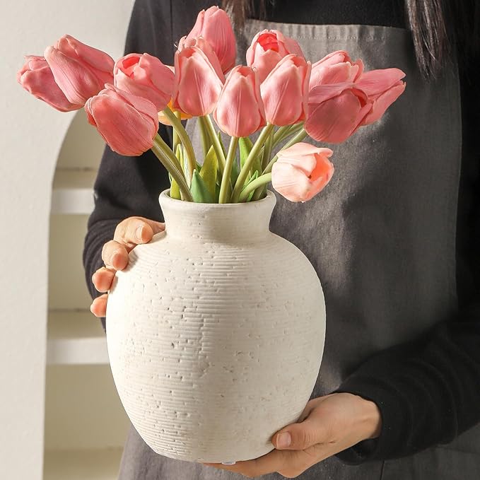 Ceramic Flower Vase Home Decor - Farmhouse Table Vases Rustic Vintage Living Room Kitchen Bedroom Decorations for House Book Shelf Office Coffee Desk Dining Fireplace (7.4" Rustic)