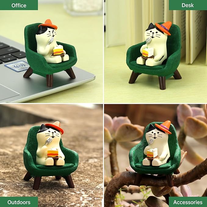 RAQWI Cute Kitten Figurine Eating Cake on Green Sofa, Mini Resin Cat Statue for Office Desk & Home Decoration, Adorable Easter Spring Gift for Cat Lovers, Women, Friends