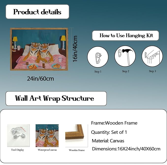 Framed Funny Tiger Wall Art, Eclectic Tigers Eating Pizza in Bed Pictures Wall Decor, Whimsical Animal Paintings Canvas Prints Humor Home Decor for Living Room Bedroom Office 16x24 inch