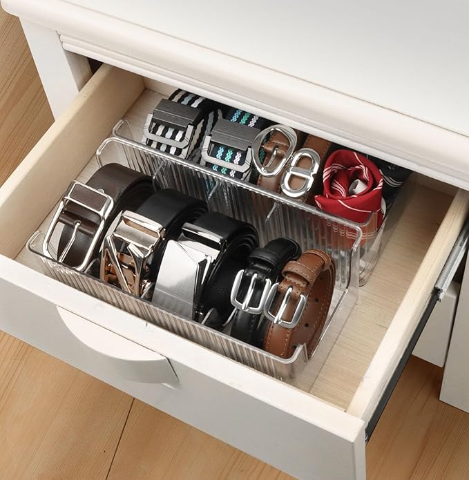 Acrylic Belt Organizer - 2 Pack with Adjustable 4 Compartments & Stackable Design, Clear Storage for Closet and Drawer Organization