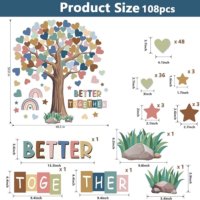 Adduster 108 Sheet Tree Bulletin Board Set - Classroom Tree Bulletin Board Set Heart Cutouts Classroom Bulletin Wall Decor Supplies for School Elementary Teacher Chalkboards (Bohemian)